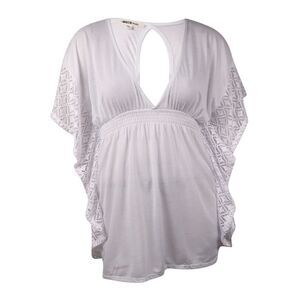 Miken Women's V-Neck Knit Jersey Crochet Dress Swim Cover-Up - White